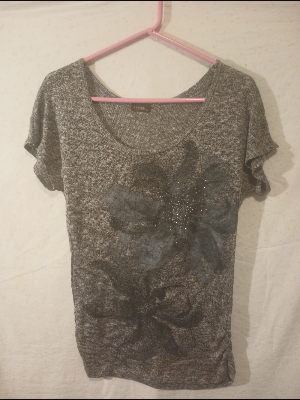 Lavish Maternity Short Sleeve Top Grey Knit Floral Embellished Sparkle Size M